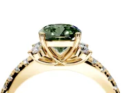 Paired Accent Engagement Ring Setting for Fancy Green Cushion Cut Center with Pave Band and Prong Head in Yellow Gold