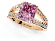 Split Shank Engagement Ring Setting for Fancy Pink Radiant Cut Center with Pave Split Shank and Prong Head in Rose Gold