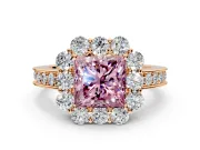 Halo Engagement Ring Setting for Fancy Pink Princess Cut Center with Milgrain Channel Band and Prong Head in Rose Gold