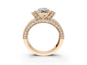 Pave Engagement Ring Setting for Radiant Cut Center with Curved Accent Rows, Openwork and Prong Head in Rose Gold