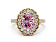 Milgrain Floral Halo Engagement Ring Setting for Fancy Pink Oval Center with Pave Band and Prong Head in Yellow Gold