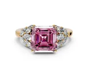 Leaf Cluster Engagement Ring Setting for Fancy Pink Asscher Cut Center with Marquise Accents and Prong Head in Yellow Gold