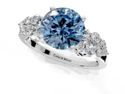 Cluster Engagement Ring Setting for Fancy Blue Round Cut Center with 2-Row Shoulder Clusters and Prong Head in White Gold