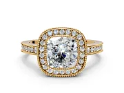 Halo Engagement Ring Setting for Cushion Cut Center with Milgrain Halo, Pave Band and Prong Head in Yellow Gold