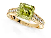 Solitaire Engagement Ring Setting for Fancy Yellow Asscher Cut Center with Engraved Pave Band and Prong Head in Yellow Gold