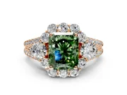 Halo Engagement Ring Setting for Fancy Green Radiant Cut Center with Two-Strand Split Shank and Prong Head in Rose Gold