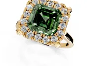 Single Halo Engagement Ring Setting for Fancy Green Asscher Cut Center with Corner Claws, Plain Band and Prong Head in Yellow Gold