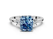 3 Stone Engagement Ring Setting for Fancy Blue Radiant Cut Center with Wide Plain Band and Prong Head in Platinum