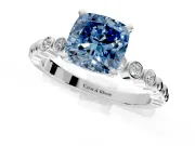 Solitaire Engagement Ring Setting for Fancy Blue Cushion Cut Center with Bezel-Dot Beaded Band and Prong Head in Platinum