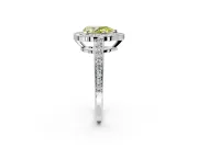 Bezel-Framed Halo Engagement Ring Setting for Fancy Yellow Pear-Shaped Center with Pave Band and Prong Head in Platinum