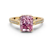 Cathedral Engagement Ring Setting for Fancy Pink Radiant Cut Center with Antique-Style Pave Band and Prong Head in Yellow Gold