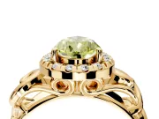 Halo Engagement Ring Setting for Fancy Yellow Pear-Shaped Center with Open Scroll Shoulders and Prong Head in Yellow Gold