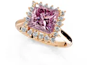 Starburst Halo Engagement Ring Setting for Fancy Pink Princess Cut Center with Thin Round-Wire Band and Prong Head in Rose Gold