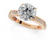 Solitaire Engagement Ring Setting for Round Cut Center with Milgrain-Edged Pave Band and Prong Head in Rose Gold