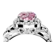 Halo Engagement Ring Setting for Fancy Pink Cushion Cut Center with Open Scroll Shoulders and Prong Head in White Gold