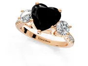 3 Stone Engagement Ring Setting for Fancy Black Heart-Shaped Center with Crossover Basket, Pave Band and Prong Head in Rose Gold