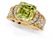 Pave Engagement Ring Setting for Fancy Yellow Asscher Cut Center with Curved Accent Rows, Openwork and Prong Head in Yellow Gold