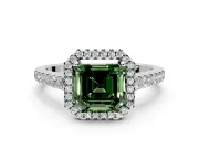 Halo Engagement Ring Setting for Fancy Green Asscher Cut Center with Narrowing Pave Band and Prong Head in Platinum