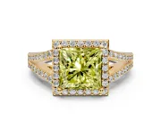 Halo Engagement Ring Setting for Fancy Yellow Princess Cut Center with Pave Split Shank and Prong Head in Yellow Gold