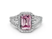 Halo Engagement Ring Setting for Fancy Pink Emerald Cut Center with Narrow Pave Split Shank and Prong Head in Platinum