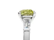 3 Stone Engagement Ring Setting for Fancy Yellow Cushion Cut Center with Channel Baguette Accents and Prong Head in White Gold