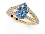 Solitaire Engagement Ring Setting for Fancy Blue Pear-Shaped Center with Pave Split Shank and Prong Head in Yellow Gold