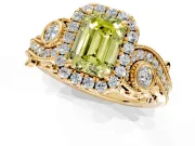 Milgrain Halo Engagement Ring Setting for Fancy Yellow Emerald Cut Center with Shoulder Bezels and Prong Head in Yellow Gold