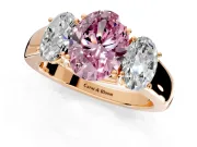 3 Stone Engagement Ring Setting for Fancy Pink Oval Center with Raised Basket Heads and Prong Head in Rose Gold