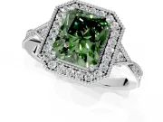 Halo Engagement Ring Setting for Fancy Green Radiant Cut Center with Milgrain Rim, Pave Band and Prong Head in Sterling Silver