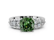 Cluster Engagement Ring Setting for Fancy Green Cushion Cut Center with 2-Row Shoulder Clusters and Prong Head in White Gold