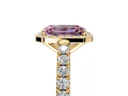 Halo Engagement Ring Setting for Fancy Pink Emerald Cut Center with Full Pave Band and Prong Head in Yellow Gold