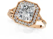 Halo Engagement Ring Setting for Radiant Cut Center with Milgrain Rim, Pave Band and Prong Head in Rose Gold