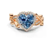 Halo Engagement Ring Setting for Fancy Blue Heart-Shaped Center with Leaf Motif Split Shank and Prong Head in Rose Gold