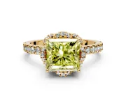 Halo Engagement Ring Setting for Fancy Yellow Princess Cut Center with Openwork Halo, Pave Band and Prong Head in Yellow Gold
