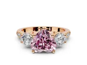 3 Stone Engagement Ring Setting for Fancy Pink Heart-Shaped Center with Crossover Basket, Pave Band and Prong Head in Rose Gold