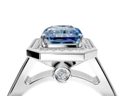 Halo Engagement Ring Setting for Fancy Blue Emerald Cut Center with Outer Bezel Rim, Pave Band and Prong Head in Platinum