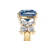 Floral Engagement Ring Setting for Fancy Blue Asscher Cut Center with Marquise Cluster Shoulders and Prong Head in Yellow Gold