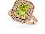 Halo Engagement Ring Setting for Fancy Yellow Radiant Cut Center with Milgrain Frame, Pave Band and Prong Head in Rose Gold