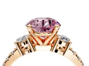 3 Stone Engagement Ring Setting for Fancy Pink Round Cut Center with Round Cut Side Accents and Prong Head in Rose Gold