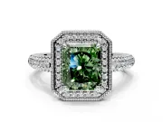 Milgrain Halo Engagement Ring Setting for Fancy Green Radiant Cut Center with Three-Sided Pave Band and Prong Head in Sterling Silver