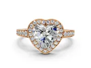 Bezel-Framed Halo Engagement Ring Setting for Heart-Shaped Center with Pave Band and Prong Head in Rose Gold