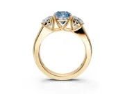 3 Stone Engagement Ring Setting for Fancy Blue Cushion Cut Center with Raised Basket Heads and Prong Head in Yellow Gold