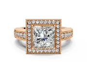 Milgrain Halo Engagement Ring Setting for Princess Cut Center with Pave Band and Prong Head in Rose Gold