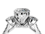 3 Stone Engagement Ring Setting for Heart-Shaped Center with Crossover Basket, Pave Band and Prong Head in Platinum