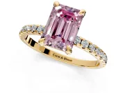 Solitaire Engagement Ring Setting for Fancy Pink Emerald Cut Center with Fine Pave Narrow Band and Prong Head in Yellow Gold