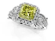 Bypass Halo Engagement Ring Setting for Fancy Yellow Princess Cut Center with Bezel Accents, Milgrain and Prong Head in Platinum
