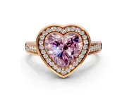 Halo Engagement Ring Setting for Fancy Pink Heart-Shaped Center with Outer Bezel Rim, Pave Band and Prong Head in Rose Gold