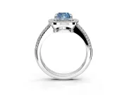 Milgrain Halo Engagement Ring Setting for Fancy Blue Cushion Cut Center with Three-Sided Pave Band and Prong Head in Platinum