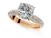Solitaire Engagement Ring Setting for Cushion Cut Center with Domed Multi-Row Pave Band and Prong Head in Rose Gold