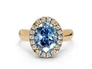 Halo Engagement Ring Setting for Fancy Blue Oval Center with Square Band and Prong Head in Yellow Gold